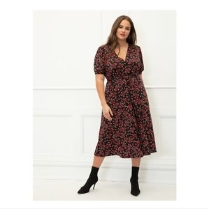 ELOQUII Elements Plus Size Floral Print Midi Dress with Tie Waist sz 14W